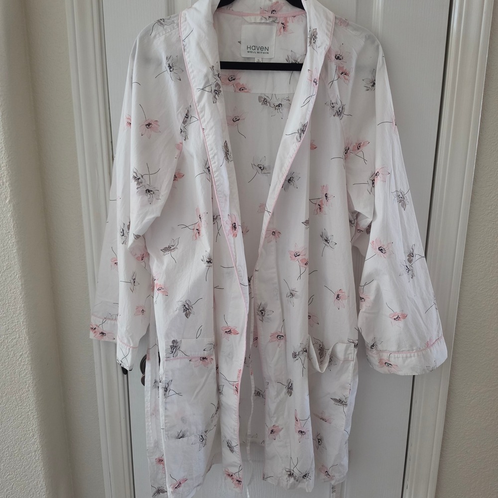 Haven Well Within Women XL White Pink Floral 100% Cotton Wrap Robe Pockets